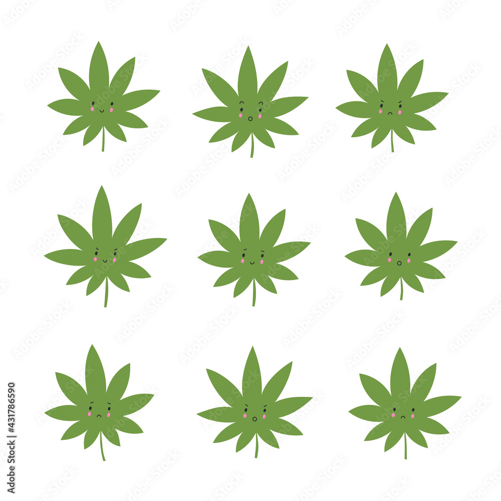Cute vector cannabis leaves with funny faces isolated on white background