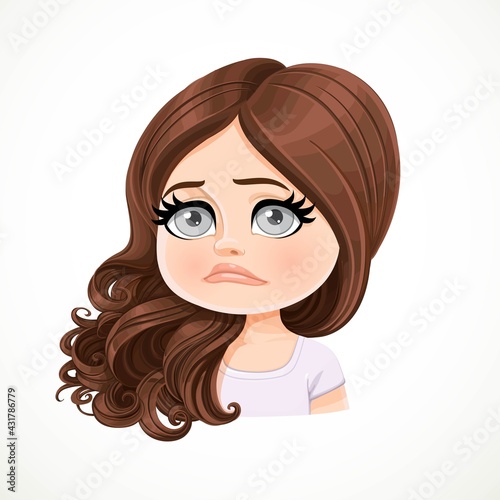 Beautiful upset sad cartoon brunette girl  with hair are shifted through a shoulder portrait isolated on white background