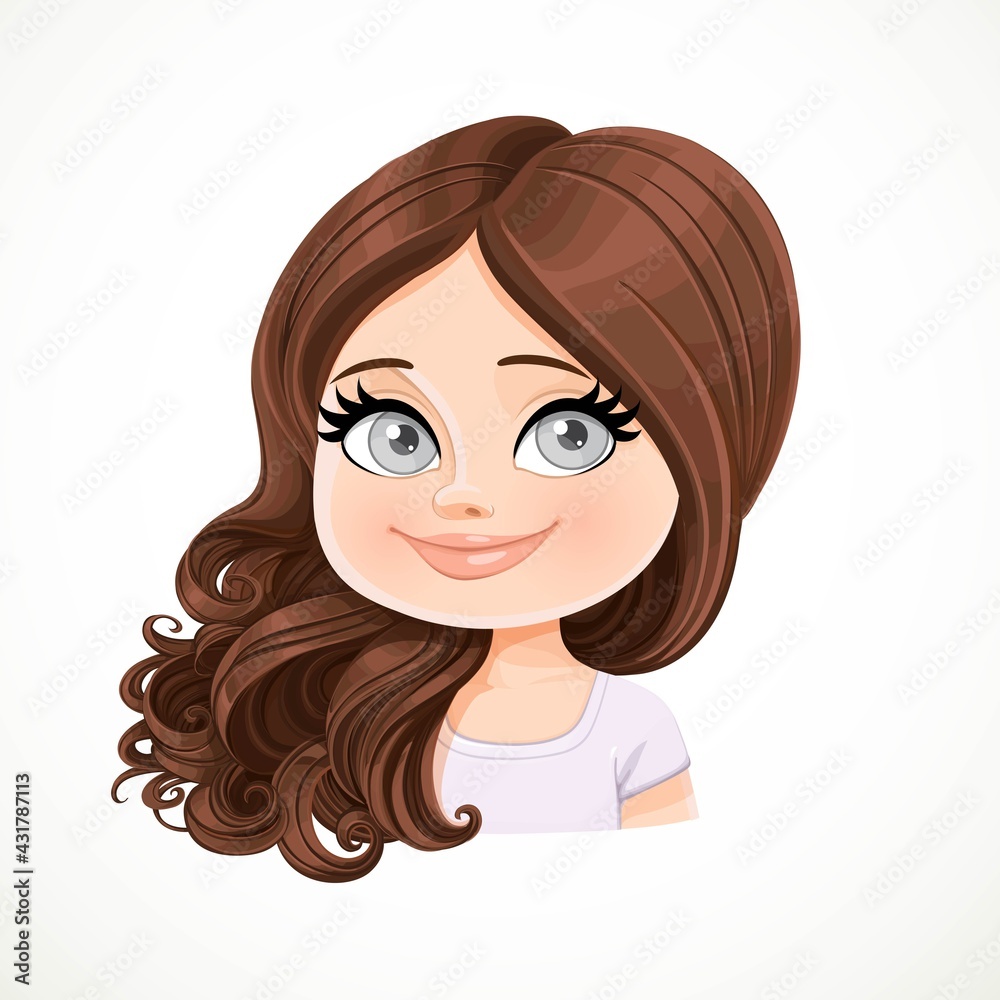 Beautiful pleased smiling cartoon brunette girl with hair are shifted  through a shoulder portrait isolated on white background Stock Vector |  Adobe Stock