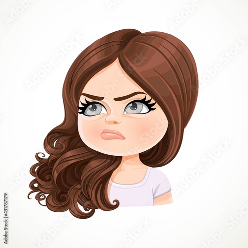 Beautiful offended cartoon brunette girl  with hair are shifted through a shoulder portrait isolated on white background