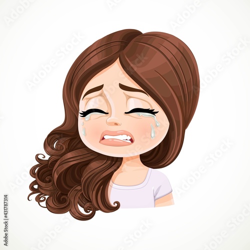 Beautiful inconsolably crying cartoon brunette girl  with hair are shifted through a shoulder portrait isolated on white background