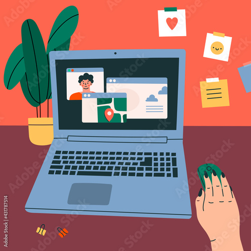 Workplace, working desk. Point of view on Laptop screen. Virtual chat, video call, maps application. Communication concept. Hand drawn Vector illustration