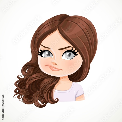 Beautiful doubt smiling cartoon brunette girl  with hair are shifted through a shoulder portrait isolated on white background