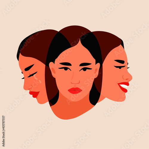 Three faces, one person. Three different personalities of one woman. Split Personality, bipolar disorder, mood, various emotions, mind Mental, psycho therapy concept. Abstract Vector illustration 