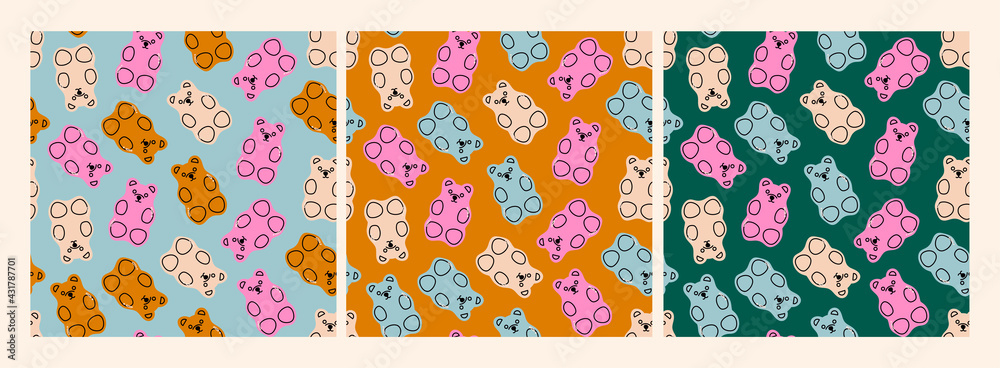 Colorful Fruity and tasty Sweets and candies. Various Gummy and Jelly Bears. Hand drawn Vector Trendy illustration. Cartoon style. Set of three Seamless Patterns. Background, Wallpaper