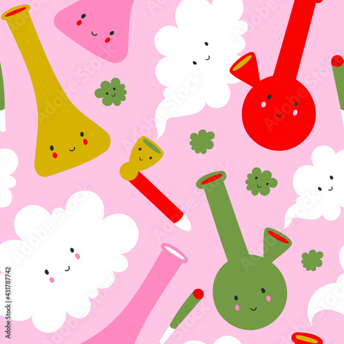 Seamless vector pattern with cute kawaii tools for smoking marijuana and buds on pink background.