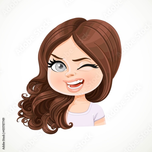 Beautiful cheerily winking cartoon brunette girl  with hair are shifted through a shoulder portrait isolated on white background