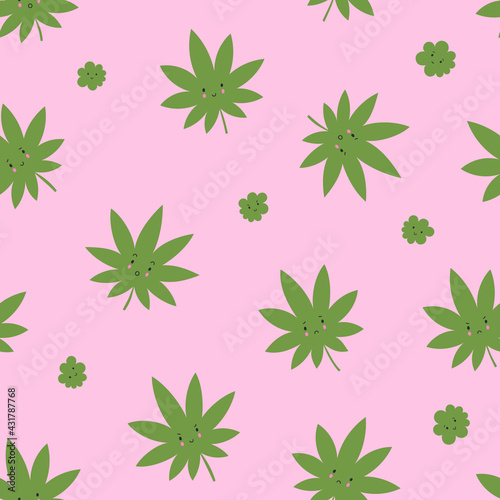 Seamless vector pattern with cute kawaii cannabis leaves and buds on pink background.
