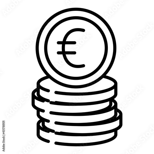 Stack of coins, euro sign. Vector icon, outline, isolated.