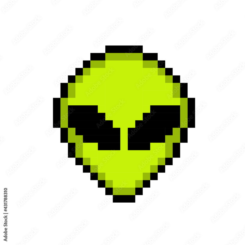 Green alien head, pixel art, cool print for your design