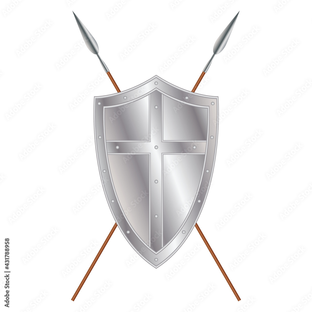 Iron medieval shield with cross and crossed spears, 3d vector illustration
