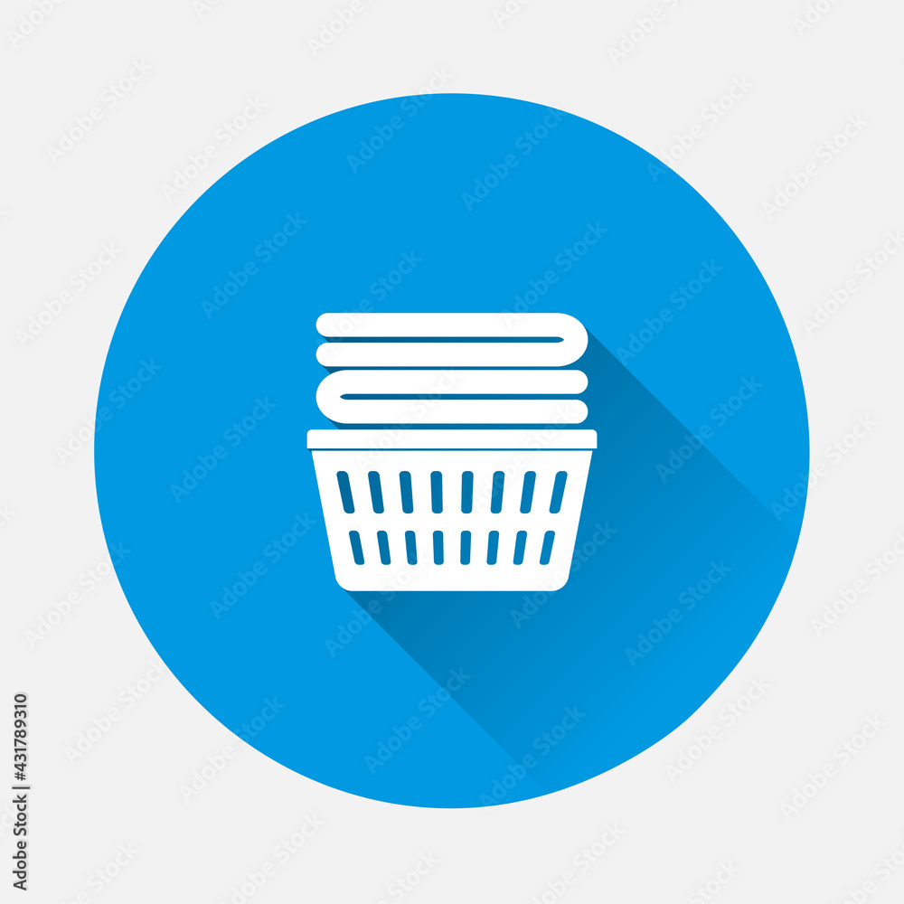 Vector icon of laundry basket icon on blue background. Flat image with long shadow. Vector icon of laundry basket icon on blue background. Flat image with long shadow.