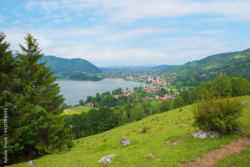 idyllic view from high trail to Schliersee lake and tourist resort, upper bavaria