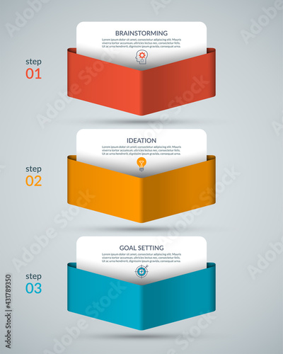 Infographic template with 3 paper arrows pointing down. Can be used for graph, chart, report, web design. Vector illustration