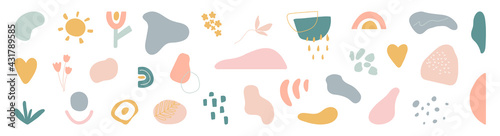 Organic shape long banner. Cute hand drawn design elements. Abstract form. Branding cover template. Social media decoration. Doodle kids texture. Vector illustration
