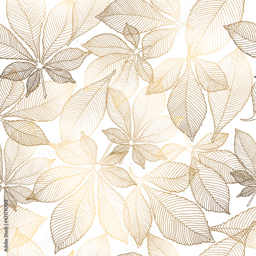 Gold flowers pattern. Seamless pattern with golden chestnut leaves. Vector graphics.