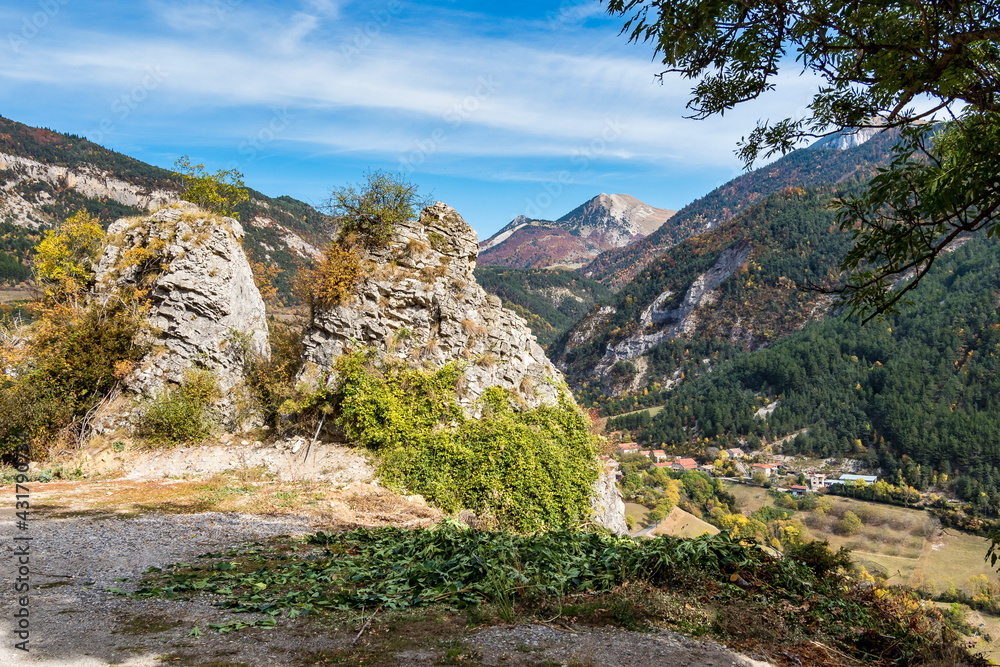 French countryside. Treschenu-Creyers: view of the heights of the Vercors, the marly hills and the valley Val de Drome. French countryside. Treschenu-Creyers: view of the heights of the Vercors, the marly hills and the valley Val de Drome.