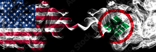 United States of America, America, US, USA, American vs Japan, Japanese, Akaigawa, Hokkaido, Shiribeshi, Subprefecture smoky mystic flags placed side by side. Thick colored silky abstract smoke flags. photo