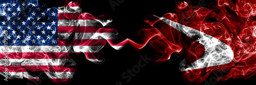 United States of America  America  US  USA  American vs Japan  Japanese  Akita Prefecture smoky mystic flags placed side by side. Thick colored silky abstract smoke flags.