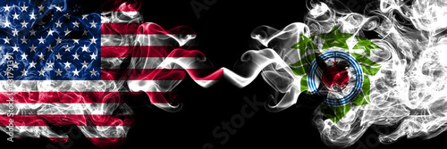 United States of America, America, US, USA, American vs Japan, Japanese, Biratori, Hokkaido, Hidaka, Subprefecture smoky mystic flags placed side by side. Thick colored silky abstract smoke flags. photo