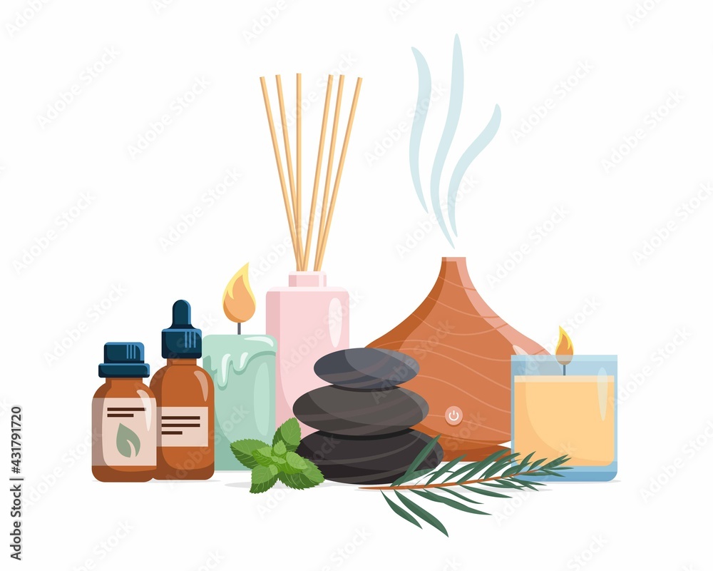 Composition with aromatherapy accessories with essential oils. Aroma lamp, diffuser, essential oil, stones and aromatic flowers. Vector illustration on white background. - obrazy, fototapety, plakaty 