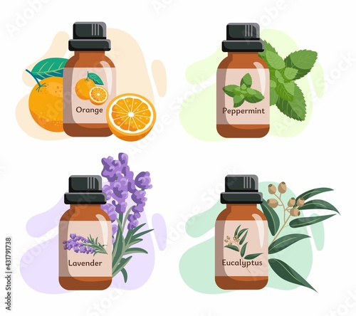 Set of glass bottles with essential oils. Orange, eucalyptycus, peppermint, tea tree oils. Label, sticker. Vector illustration isolated on white background.