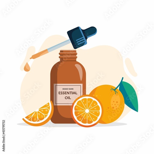 Orange essential oil in glass bottle and fresh oranges isolated on white background. Icon vector illustration.