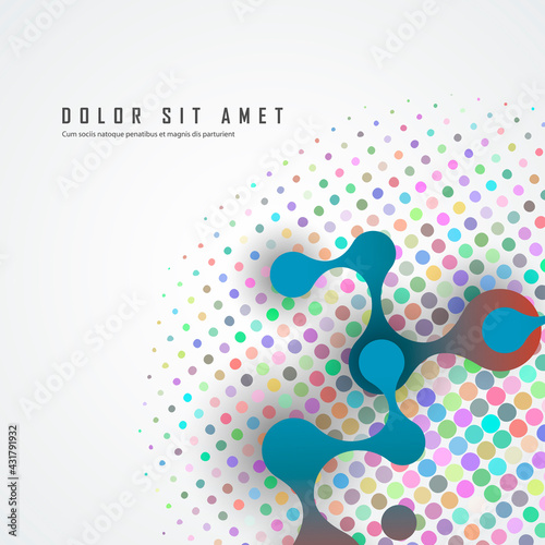 Abstract blue large molecules with bright circles on white background. Modern logotype icon dna