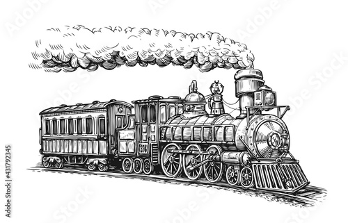 Steam locomotive transport sketch. Hand drawn vintage vector illustration
