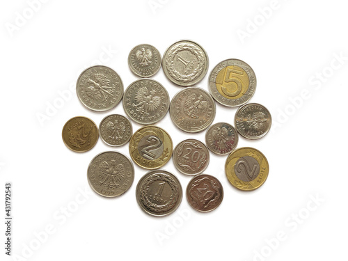 Polish zloty coins on white background.Close up photography.