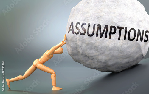 Assumptions and painful human condition, pictured as a wooden human figure pushing heavy weight to show how hard it can be to deal with Assumptions in human life, 3d illustration photo