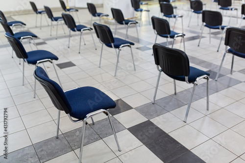 empty chairs are placed at a safe distance  a safe distance for viral diseases 