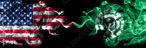 United States of America, America, US, USA, American vs Japan, Japanese, Nakashibetsu, Hokkaido, Nemuro, Subprefecture smoky mystic flags placed side by side. Thick colored silky abstract smoke flags. photo