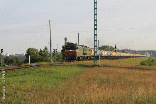 eating cargo rides among the grass meadows against the sky. Rail transport. Transport