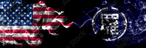 United States of America, America, US, USA, American vs Japan, Japanese, Rausu, Hokkaido, Nemuro, Subprefecture smoky mystic flags placed side by side. Thick colored silky abstract smoke flags. photo