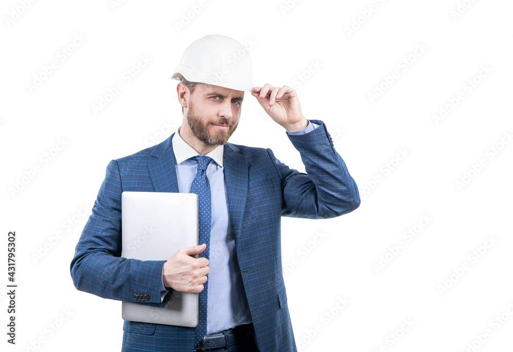 confident businessman man in suit and safety helmet hold laptop isolated on white copy space, boss confident businessman man in suit and safety helmet hold laptop isolated on white copy space, boss