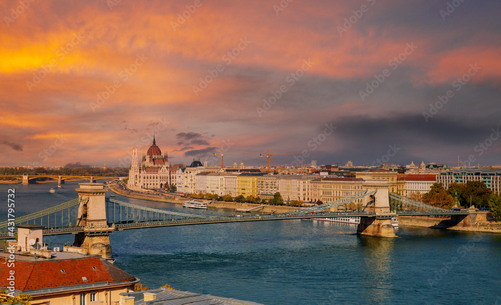 Panoramic sunset view with Chain bridge of Budapest parliament building capital of Hungary