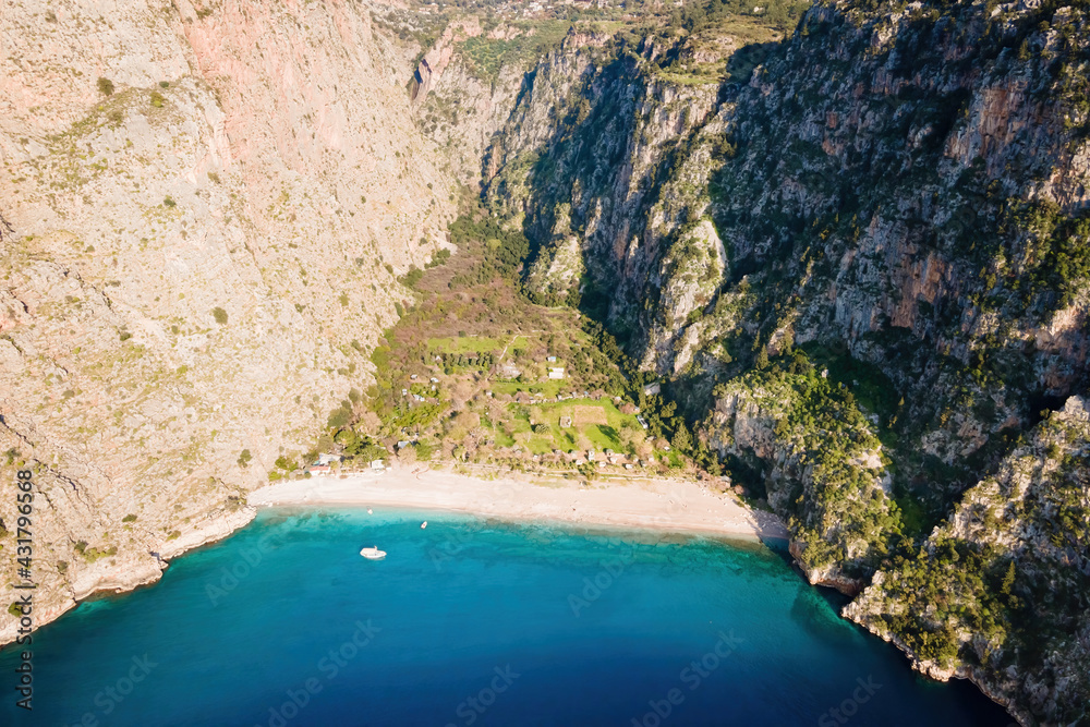 Butterfly Valley in Turkey, Mediterranean beach and valley by sea Oludeniz