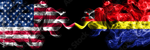 United States of America  America  US  USA  American vs Russia  Russian  Kaliningrad Oblast smoky mystic flags placed side by side. Thick colored silky abstract smoke flags.