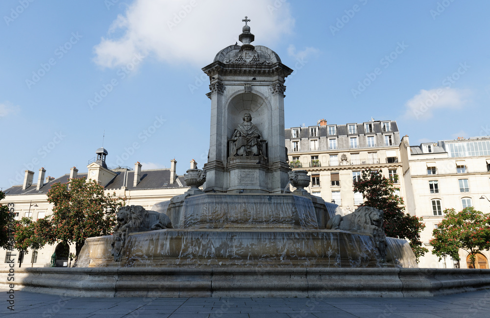 The Fountain Saint-Sulpice or Fountain of the Four Bishops built between 1844 and 1848 near Saint Sulpice church, Paris, France.