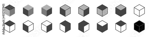 Vector set of 3d cubes icons. Vector set of cubes in different styles. Cube icons in different perspectives. Block icons set with different color walls. Vector illustration.