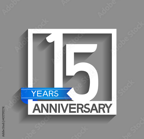 15 years anniversary logotype with white color in square and blue ribbon isolated on grey background. vector can be use for company celebration purpose