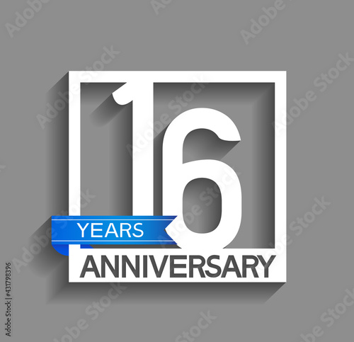 16 years anniversary logotype with white color in square and blue ribbon isolated on grey background. vector can be use for company celebration purpose