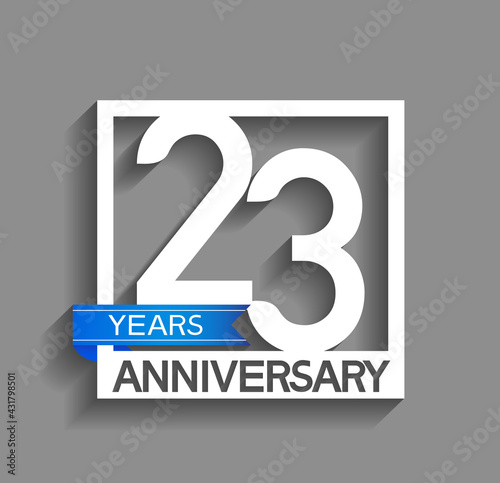 23 years anniversary logotype with white color in square and blue ribbon isolated on grey background. vector can be use for company celebration purpose