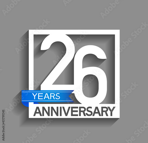 26 years anniversary logotype with white color in square and blue ribbon isolated on grey background. vector can be use for company celebration purpose
