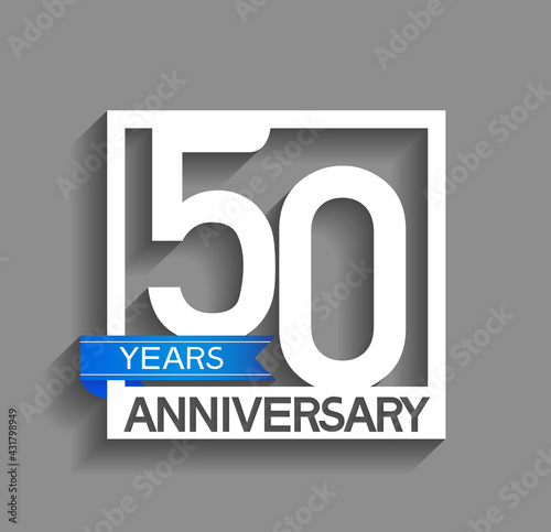 50 years anniversary logotype with white color in square and blue ribbon isolated on grey background. vector can be use for company celebration purpose