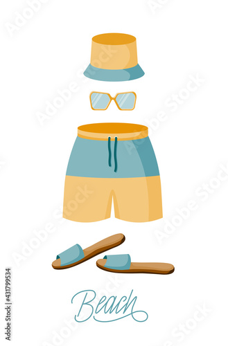 Set of items for beach holidays at sea, swimming shorts, panama, sunglasses, flip flops. Lettering is the word beach. Vector illustration in a flat style, isolated objects on a white background.