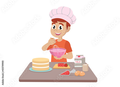 Little boy cooking making a cake 