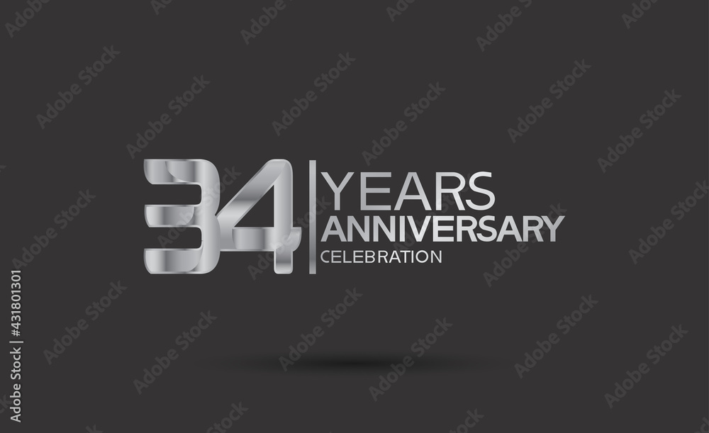 34 years anniversary logotype with silver color isolated on black background. vector for template party and company celebration