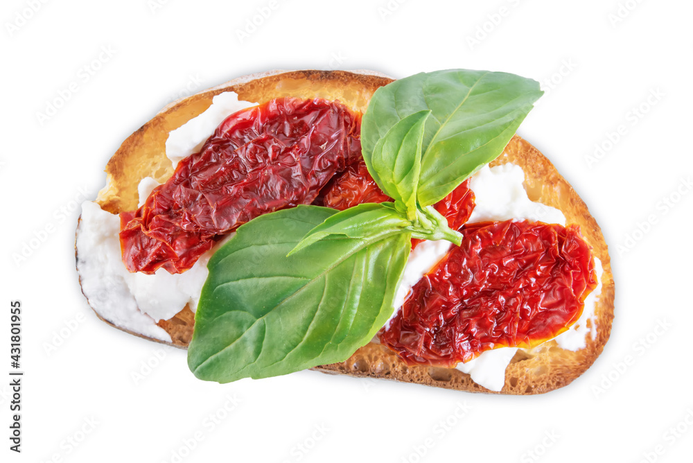 Ricotta dried tomato Basil bruschetta on a white isolated background